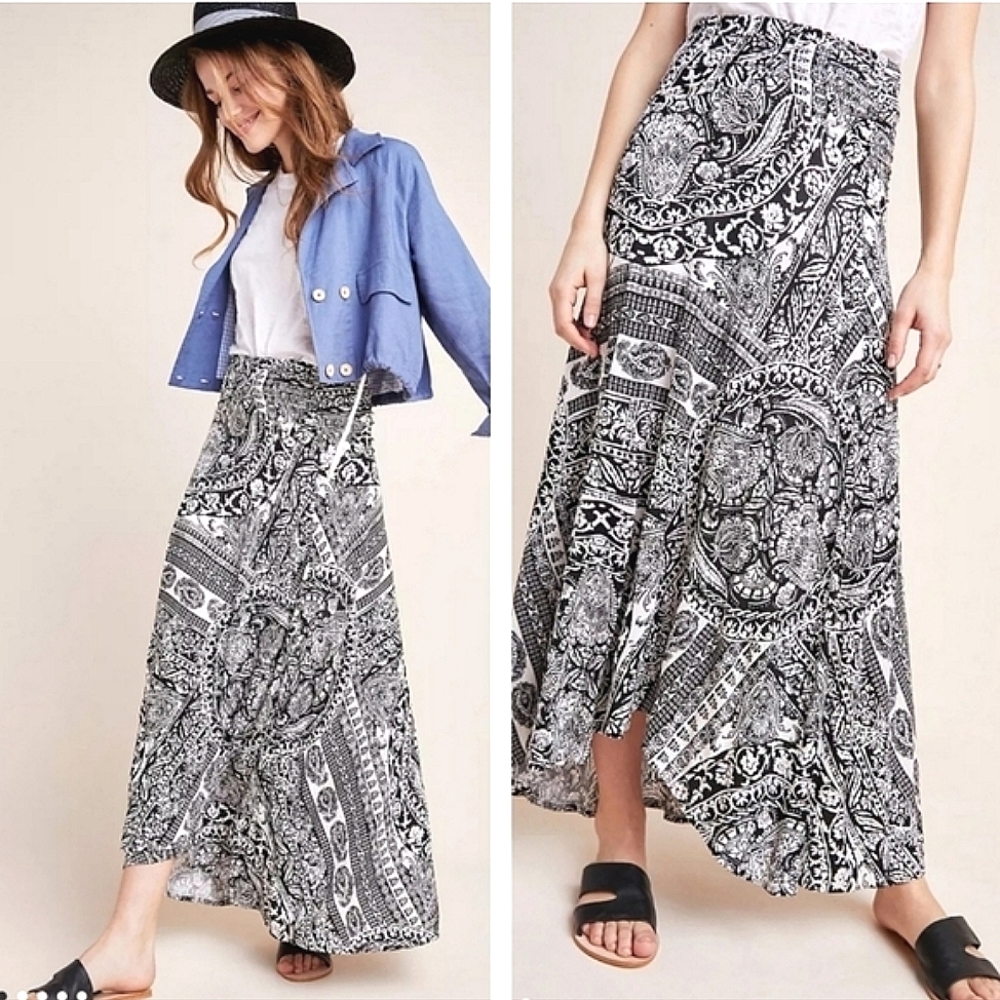 MAEVE Maxi Skirt Black White Ornate Motif SMALL Issa